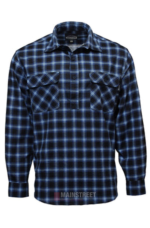 The Milton Closed Front Flannelette Shirt is made from high quality cotton and features a blue and black plaid pattern, double chest pockets with buttoned flaps, and a closed front design.