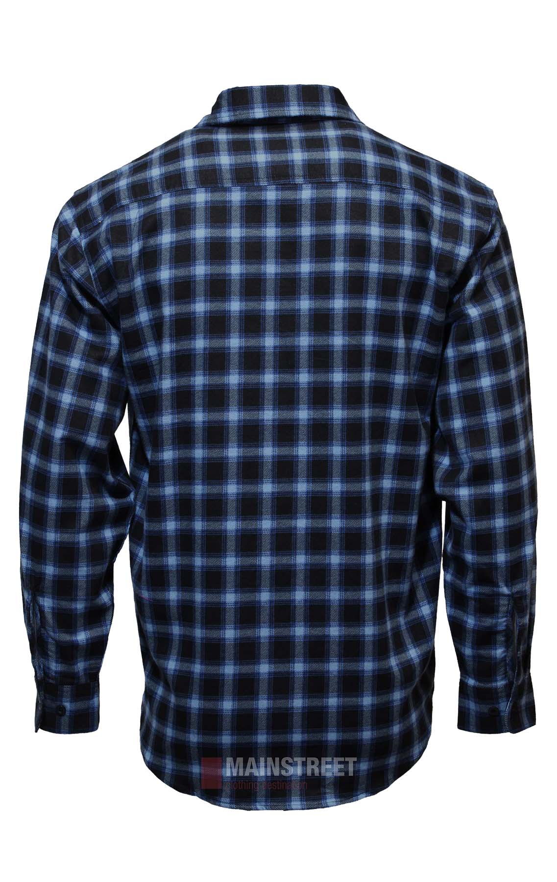 The Milton Closed Front Flannelette Shirt is shown from the back, featuring blue and black checkered plaid and crafted from high quality cotton.