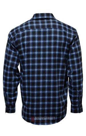 The Milton Closed Front Flannelette Shirt is shown from the back, featuring blue and black checkered plaid and crafted from high quality cotton.