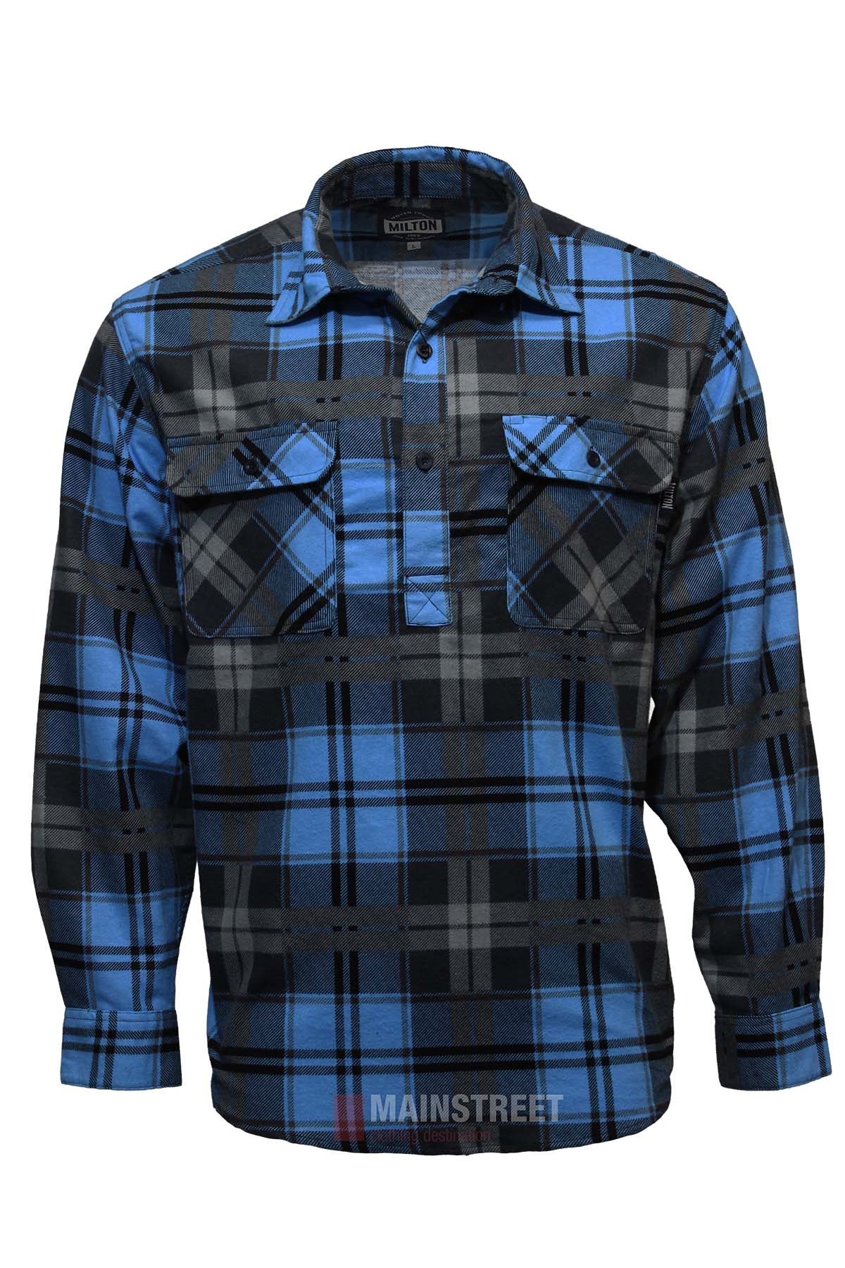 The Milton Closed Front Flannelette Shirt is a long-sleeve, button-up made from quality cotton with a blue, black, and gray plaid pattern and two chest double pockets with button flaps.