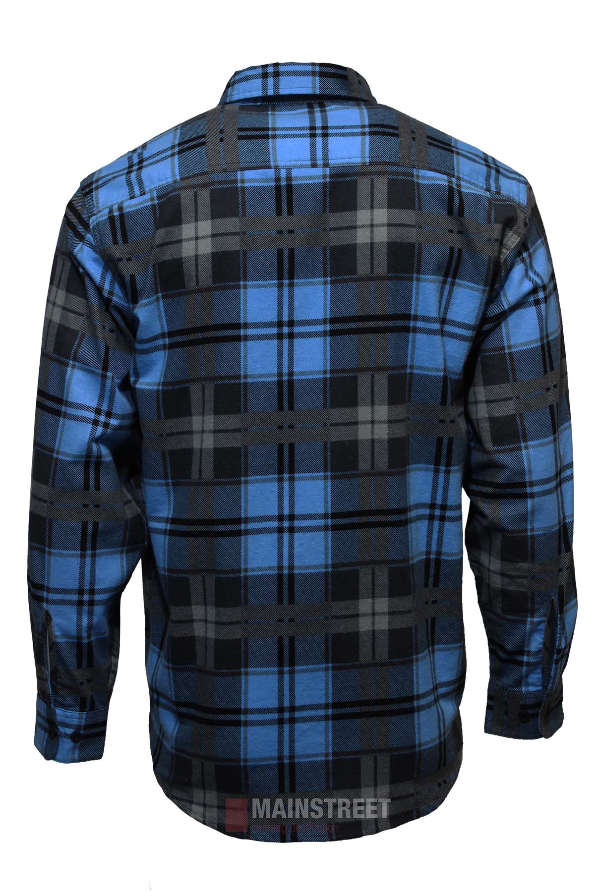 A back view of the Milton Closed Front Flannelette Shirt, showing its blue, black, and gray plaid pattern. Made from high-quality cotton, this long-sleeve button-up features a collar and soft, slightly thick fabric.