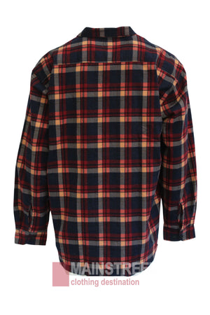 The Milton Closed Front Flannelette Shirt features long sleeves and a red, navy, beige, and black plaid pattern. Shown from the back, this casual shirt offers a comfortable flannelette style.