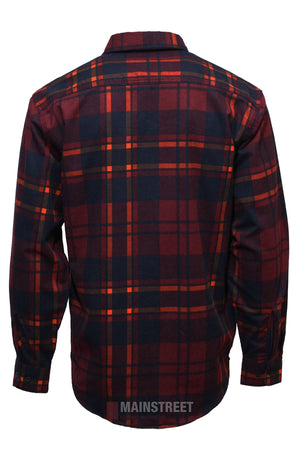 The Milton Closed Front Flannelette Shirt features red, navy, and orange plaid, long sleeves, a collar, buttoned cuffs, and high-quality cotton. Shown from the back for a classic flannelette look.