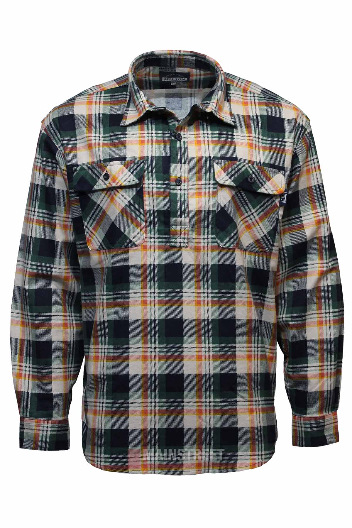The Milton Closed Front Flannelette Shirt is a long-sleeved, button-up made of high-quality cotton, featuring a green, black, orange, and white plaid design with double front chest pockets and buttoned flaps.