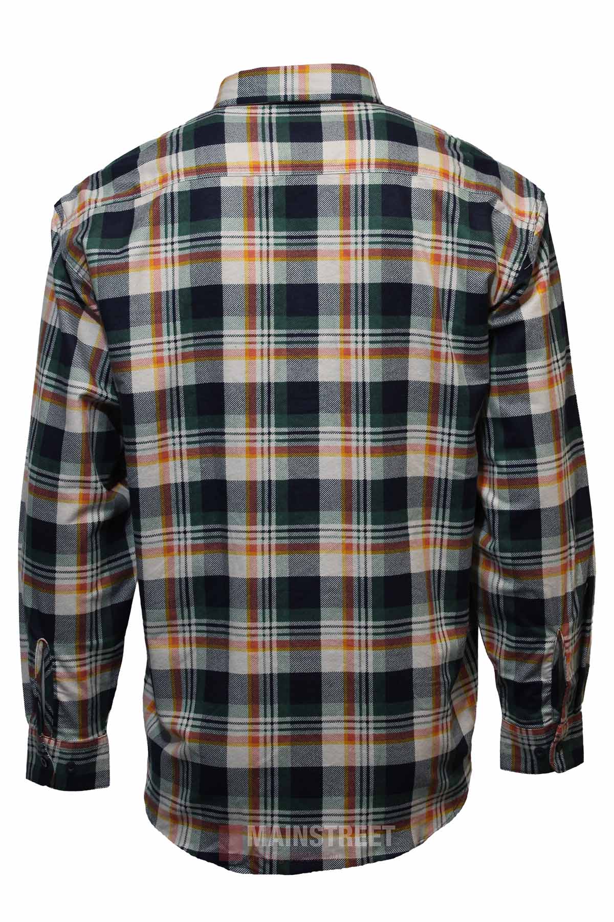 A back view of the Milton Closed Front Flannelette Shirt—a long-sleeve, high-quality cotton flannel with a dark green, yellow, white, and orange plaid pattern set against a plain white background.