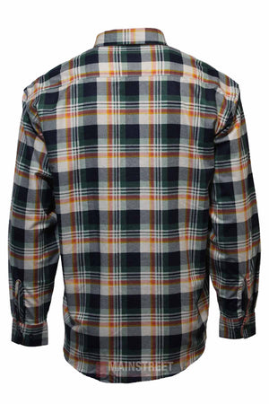 A back view of the Milton Closed Front Flannelette Shirt—a long-sleeve, high-quality cotton flannel with a dark green, yellow, white, and orange plaid pattern set against a plain white background.