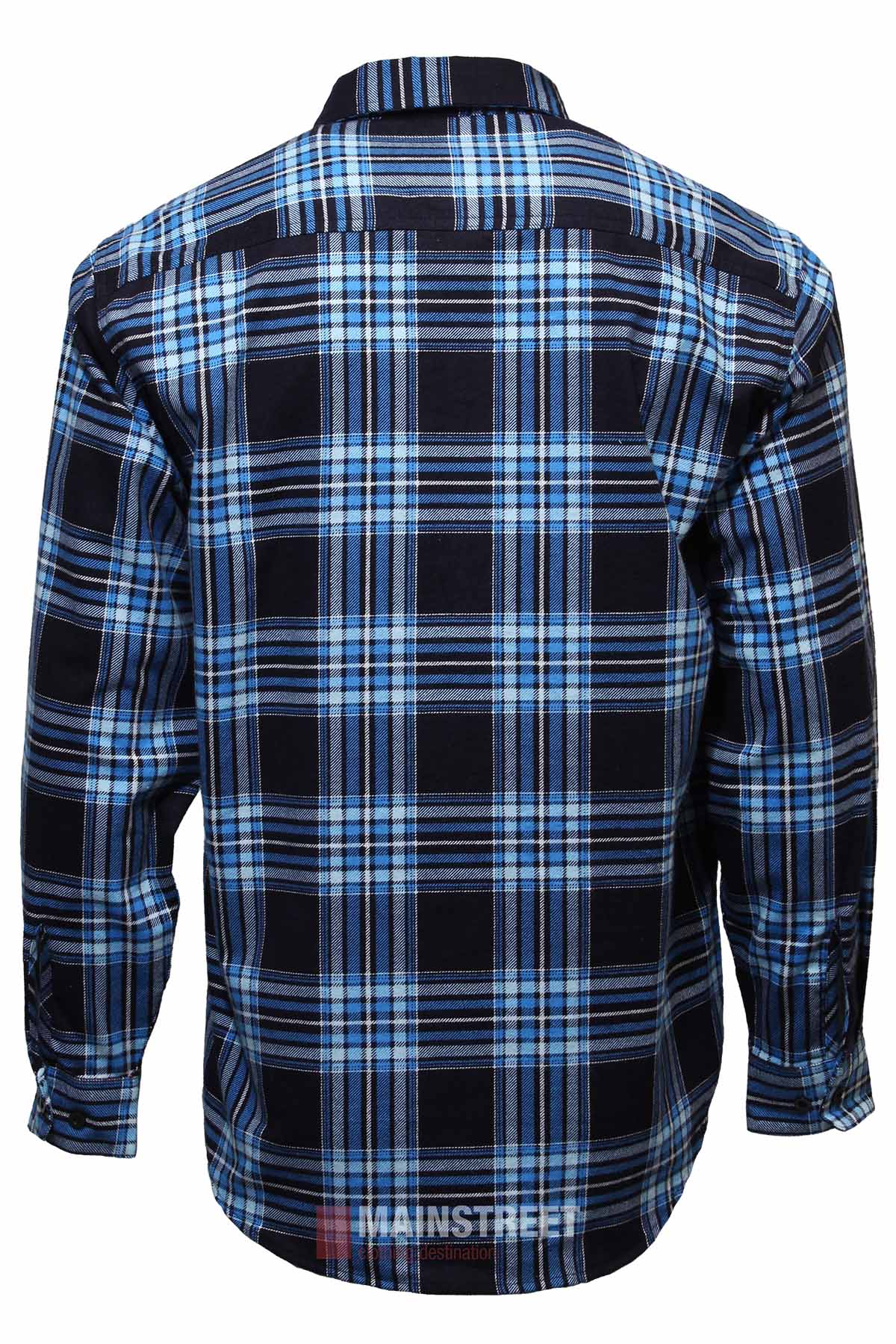 Back view of the Milton Closed Front Flannelette Shirt, long-sleeved and made from high-quality cotton, featuring a blue, white, and black plaid pattern with a collar and buttoned cuffs.