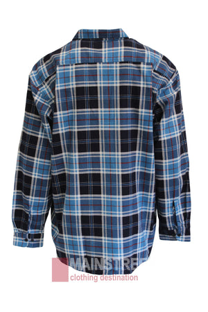 The Milton Closed Front Flannelette Shirt is a long-sleeved, plaid shirt in blue, black, and white, shown from the back against a white background. It features a collar and buttoned cuffs for a timeless look.