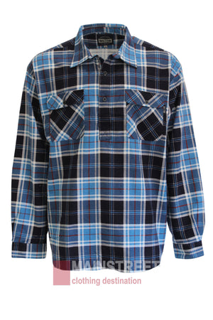 The Milton Closed Front Flannelette Shirt features blue, black, and white plaid, long sleeves, button-up front, double chest pockets, and a collar. Displayed on a plain white background.