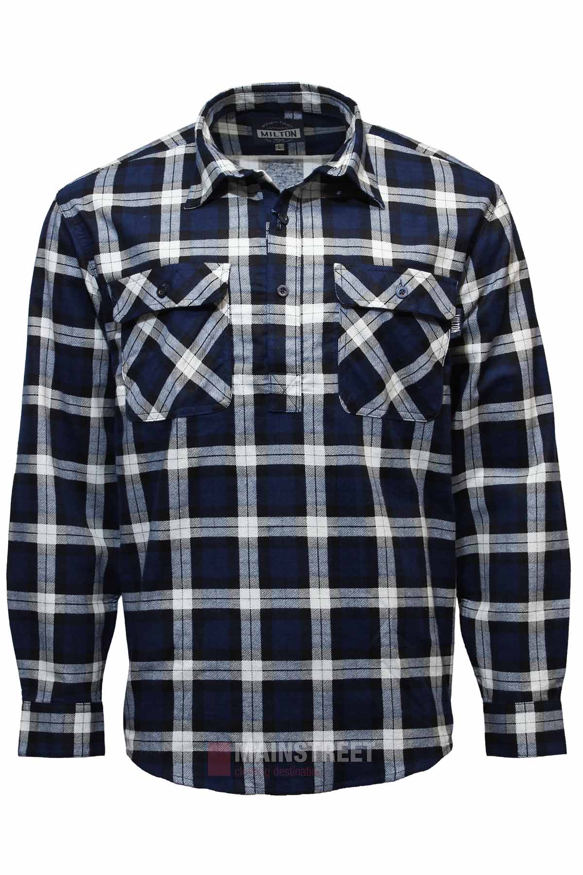 The Milton Closed Front Flannelette Shirt features a blue, white, and black plaid design, double chest pockets, and is made from high quality cotton. It is displayed on a plain white background.