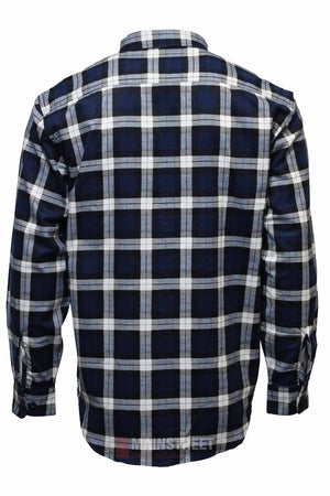 The Milton Closed Front Flannelette Shirt features a navy, white, and black plaid pattern, shown from the back. Made of high quality cotton, it has buttoned cuffs, a classic collar, and double pockets for style.