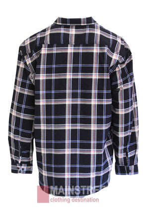 The Milton Closed Front Flannelette Shirt is a long-sleeved, black cotton shirt with a white, blue, and red plaid pattern, shown from the back. This classic button-up is displayed against a plain white background.