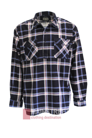 The Milton Closed Front Flannelette Shirt is a long-sleeve, button-up with black, white, and blue plaid and two chest pockets featuring a diagonal plaid pattern.