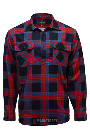 The Milton Closed Front Flannelette Shirt features bold red and blue plaid, high quality cotton, a classic collar, black buttons, and two chest pockets with button-down flaps.