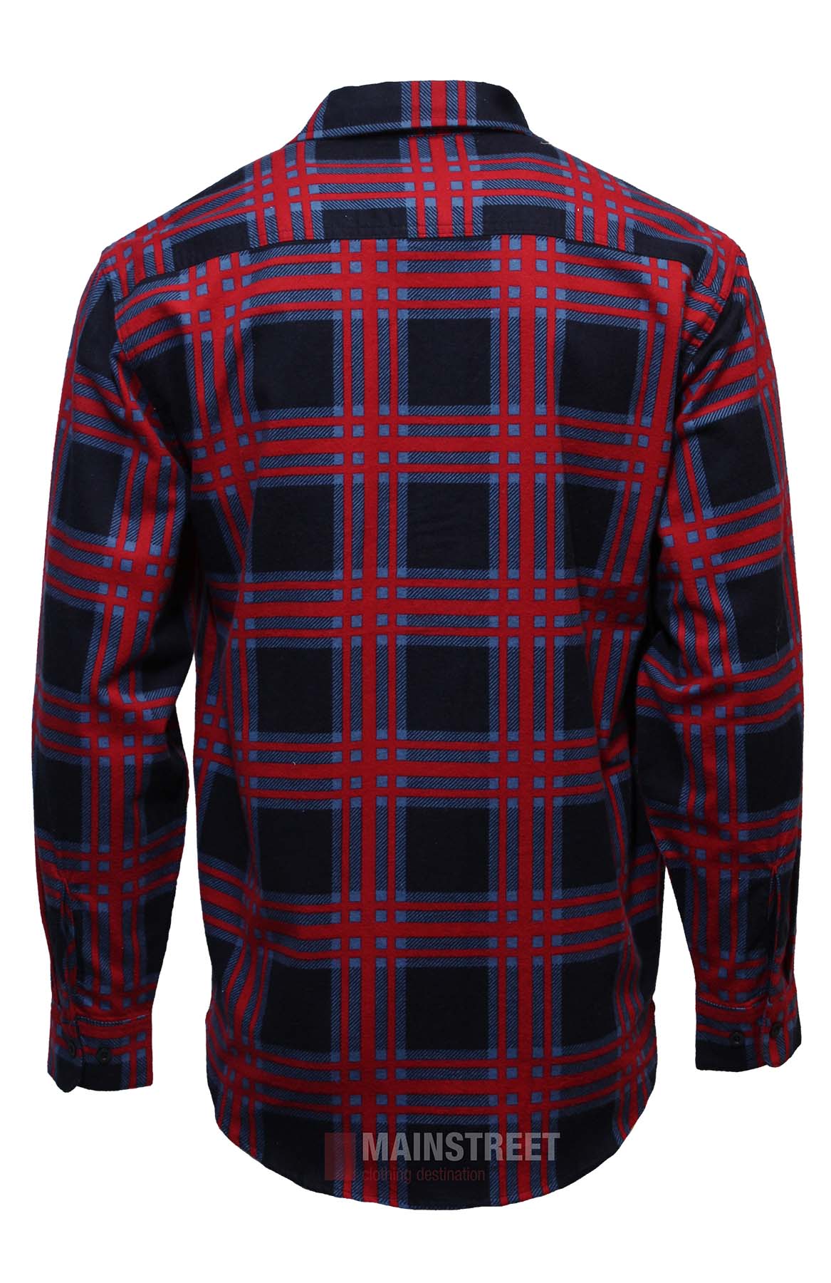 Back view of the Milton Closed Front Flannelette Shirt in high quality cotton, featuring a striking red, black, and blue plaid pattern, collar, and buttoned cuffs. Shown against a plain white background.