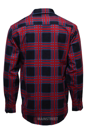 Back view of the Milton Closed Front Flannelette Shirt in high quality cotton, featuring a striking red, black, and blue plaid pattern, collar, and buttoned cuffs. Shown against a plain white background.