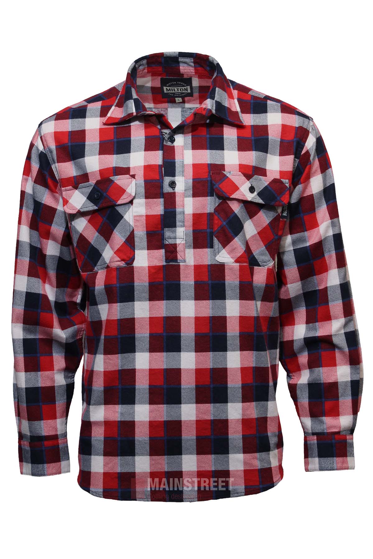 The Milton Closed Front Flannelette Shirt features red, white, and navy blue checks, double front pockets, a collar, and three buttons. This long-sleeve high-quality cotton shirt is shown against a plain white background.