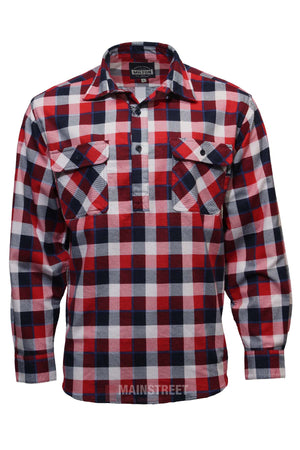 The Milton Closed Front Flannelette Shirt features red, white, and navy blue checks, double front pockets, a collar, and three buttons. This long-sleeve high-quality cotton shirt is shown against a plain white background.