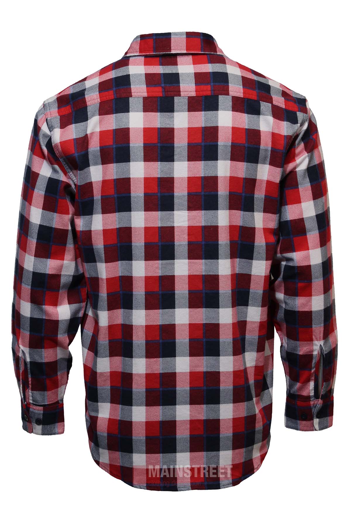 The Milton Closed Front Flannelette Shirt is a long-sleeve, high-quality cotton shirt with a red, white, and navy blue plaid pattern, shown from the back against a white background.
