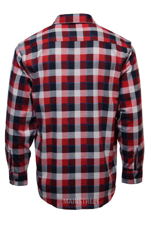 The Milton Closed Front Flannelette Shirt is a long-sleeve, high-quality cotton shirt with a red, white, and navy blue plaid pattern, shown from the back against a white background.
