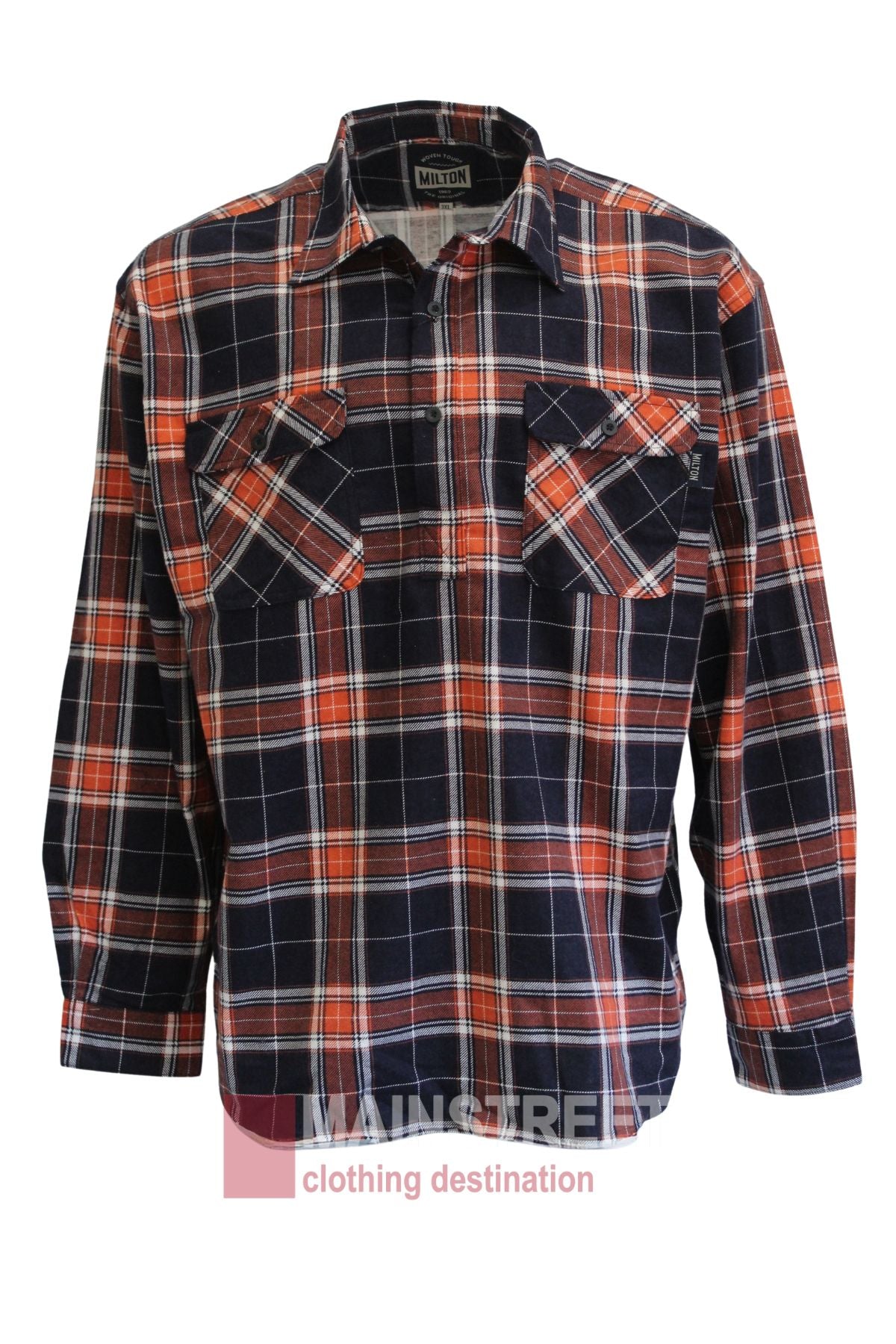 The Milton Closed Front Flannelette Shirt features long sleeves, a red, white, and navy blue plaid design, and double chest pockets with buttoned flaps.