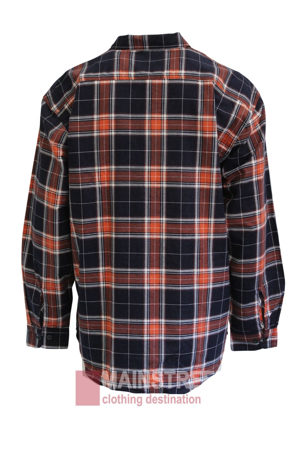 The Milton Closed Front Flannelette Shirt is a long-sleeve cotton shirt with navy, white, and red plaid, buttoned cuffs, double pockets, and a straight hem. Shown from the back.