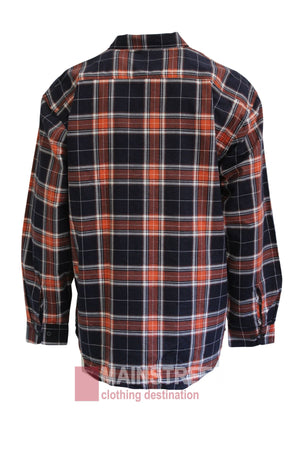 The Milton Closed Front Flannelette Shirt is a long-sleeve cotton shirt with navy, white, and red plaid, buttoned cuffs, double pockets, and a straight hem. Shown from the back.