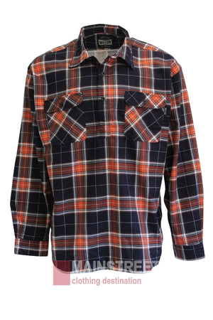 The Milton Closed Front Flannelette Shirt features long sleeves, a red, white, and navy blue plaid design, and double chest pockets with buttoned flaps.
