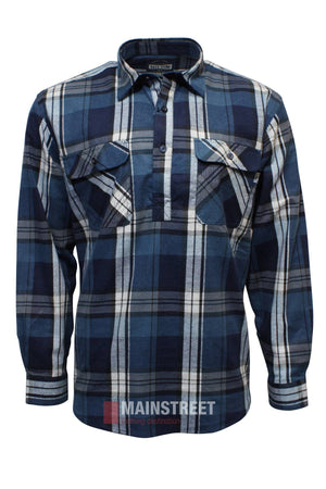 The Milton Closed Front Flannelette Shirt in blue, white, and black features double button-flap pockets and is crafted from high-quality cotton, shown on a plain white background.