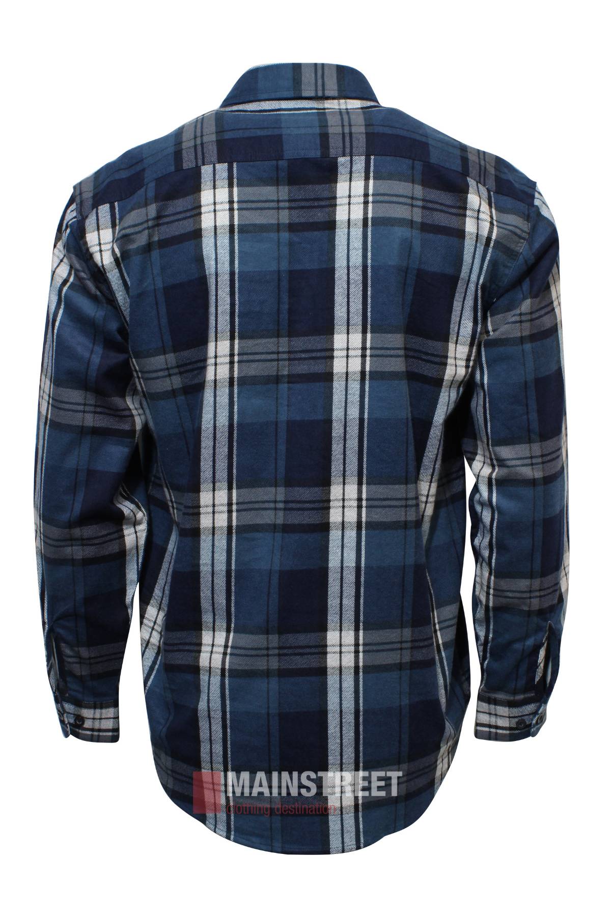 The Milton Closed Front Flannelette Shirt is shown from the back, featuring a blue, white, and black plaid pattern, collar, cuffs, and the MAINSTREET logo at the hem. Crafted from high-quality cotton with long sleeves and a button-up design.