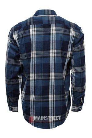 The Milton Closed Front Flannelette Shirt is shown from the back, featuring a blue, white, and black plaid pattern, collar, cuffs, and the MAINSTREET logo at the hem. Crafted from high-quality cotton with long sleeves and a button-up design.