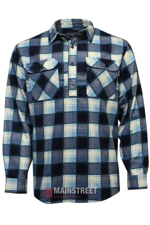 The Milton Closed Front Flannelette Shirt is a long-sleeve, button-up shirt made from high quality cotton in a blue, white, and black plaid pattern with double chest pockets. Displayed on a plain white background.