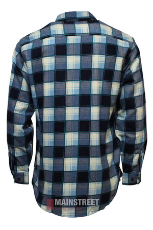 The Milton Closed Front Flannelette Shirt is shown from the back, featuring a blue, black, and white plaid pattern, high quality cotton, long sleeves with buttoned cuffs, and a classic collar.