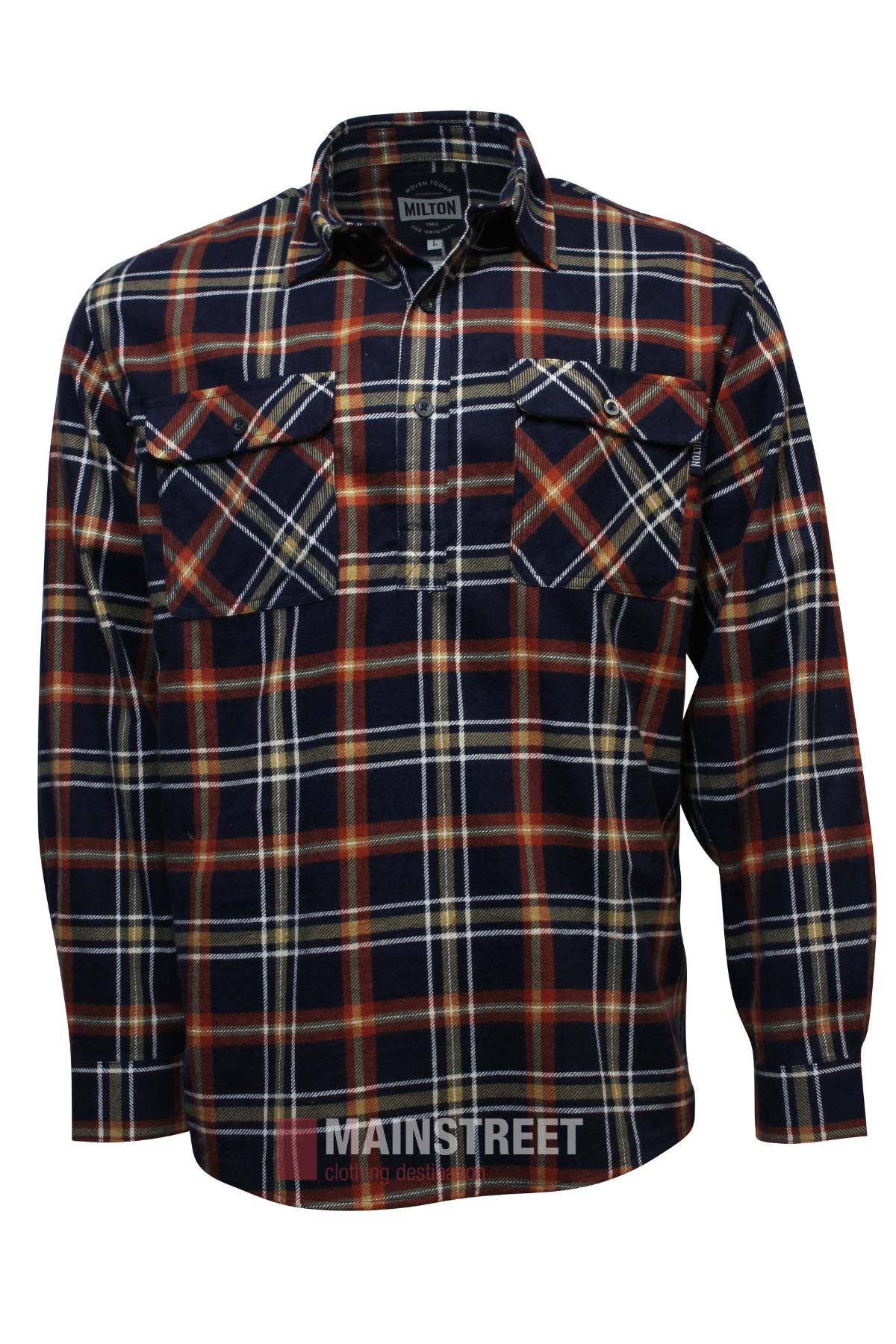 The Milton Closed Front Flannelette Shirt features a button-up design, long sleeves, and a navy, red, white, and yellow plaid pattern. Made from quality cotton with two buttoned chest pockets and "MILTON" on the collar label.
