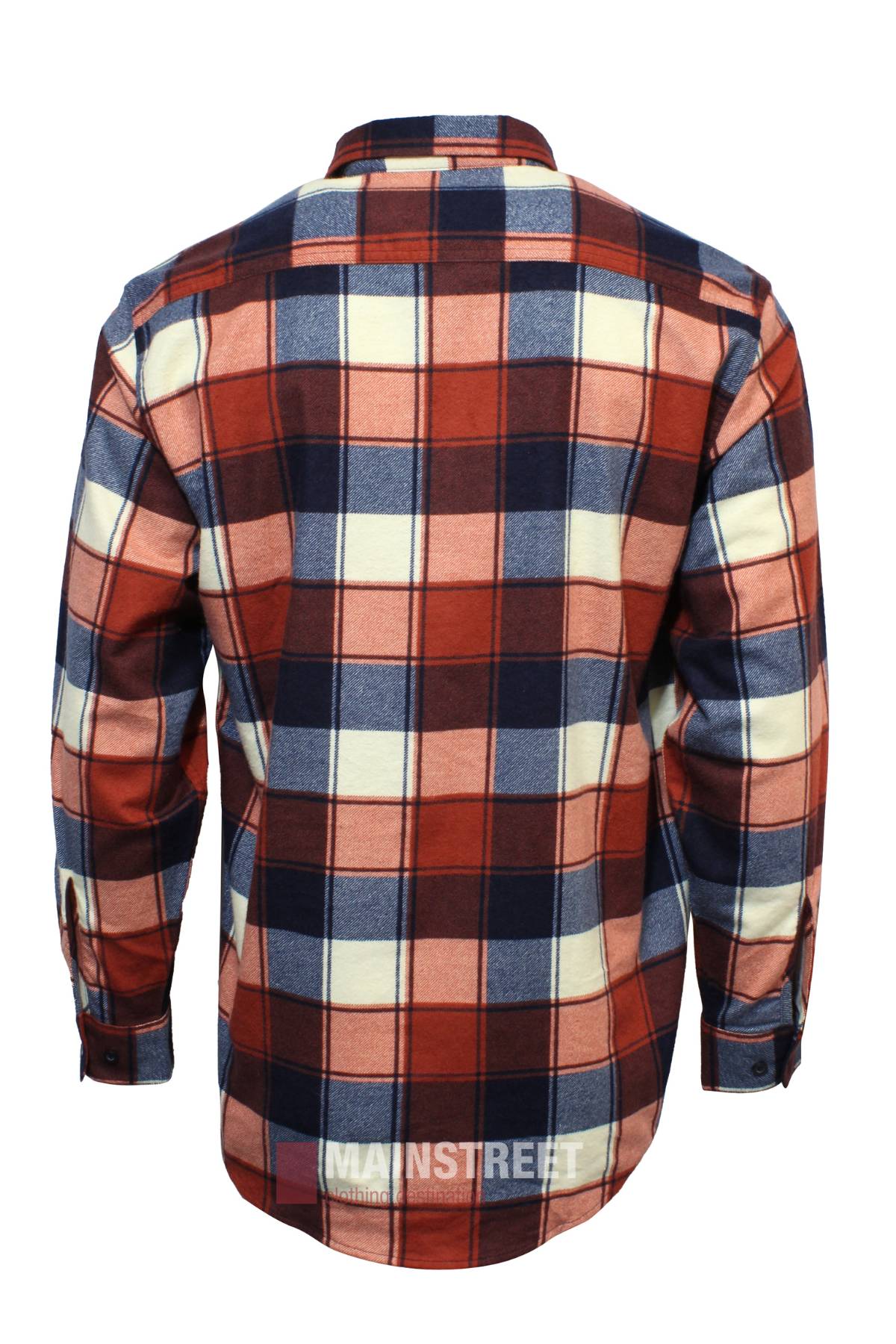 The Milton Closed Front Flannelette Shirt is shown from the back, featuring a red, navy blue, and cream plaid pattern, buttoned cuffs, relaxed fit, classic style, and high-quality cotton in a long-sleeved design.