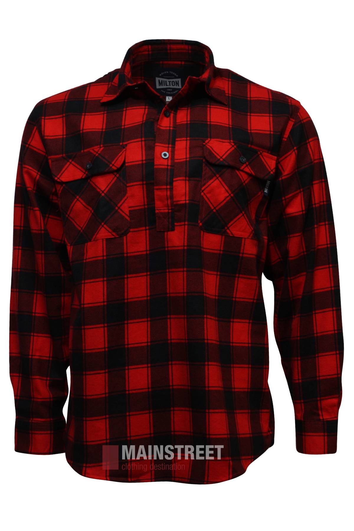 The Milton Closed Front Flannelette Shirt features long sleeves, a red and black pattern, high-quality cotton fabric, double chest pockets, and is displayed on a white background with the "Milton" label.