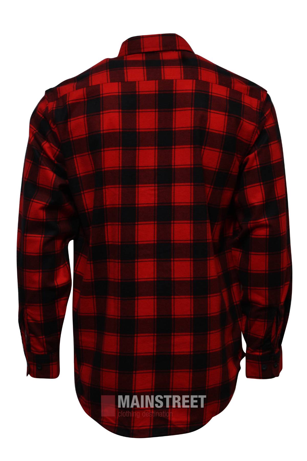The Milton Closed Front Flannelette Shirt, shown from the back in red and black plaid, features long sleeves, a collar, cuffs, high-quality cotton fabric, and "Mainstreet" branding near the hem.