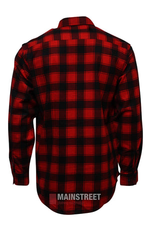 The Milton Closed Front Flannelette Shirt, shown from the back in red and black plaid, features long sleeves, a collar, cuffs, high-quality cotton fabric, and "Mainstreet" branding near the hem.