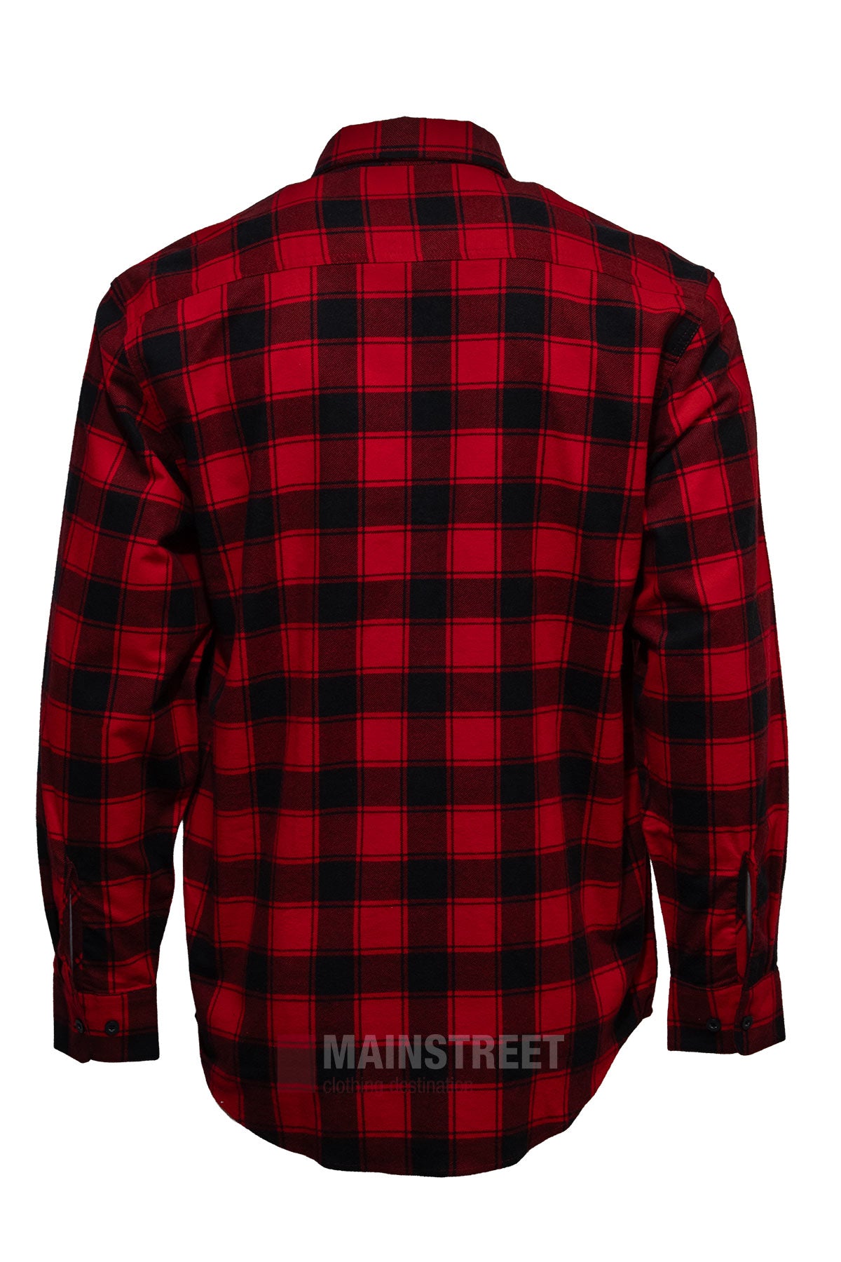 The Milton Open Front Flannelette Shirt in red and black plaid is shown from the back, featuring buttoned cuffs and a classic collar for timeless style.