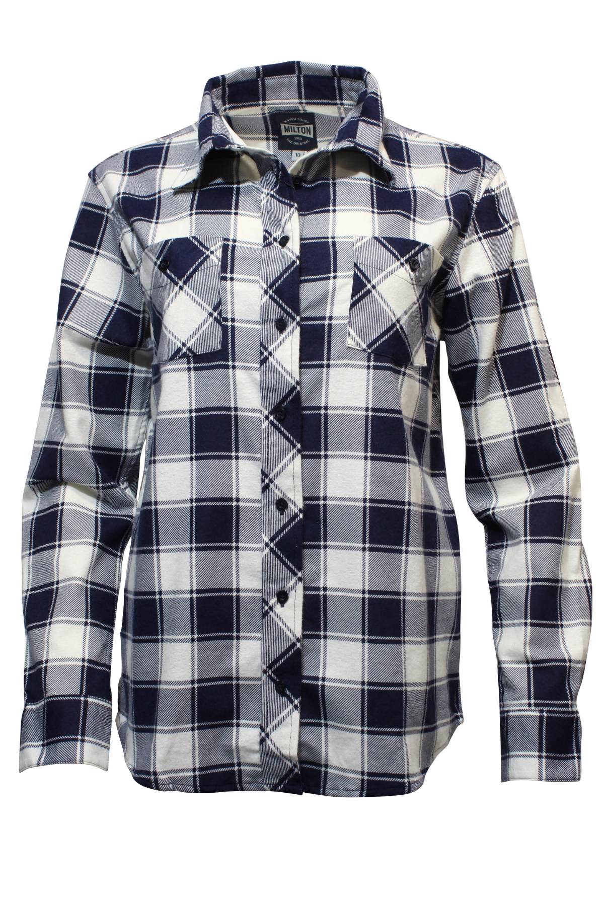 The Milton Ladies Flannelette Shirt is a long-sleeve, button-up cotton shirt in navy blue and white plaid, featuring two chest pockets with pointed flaps.