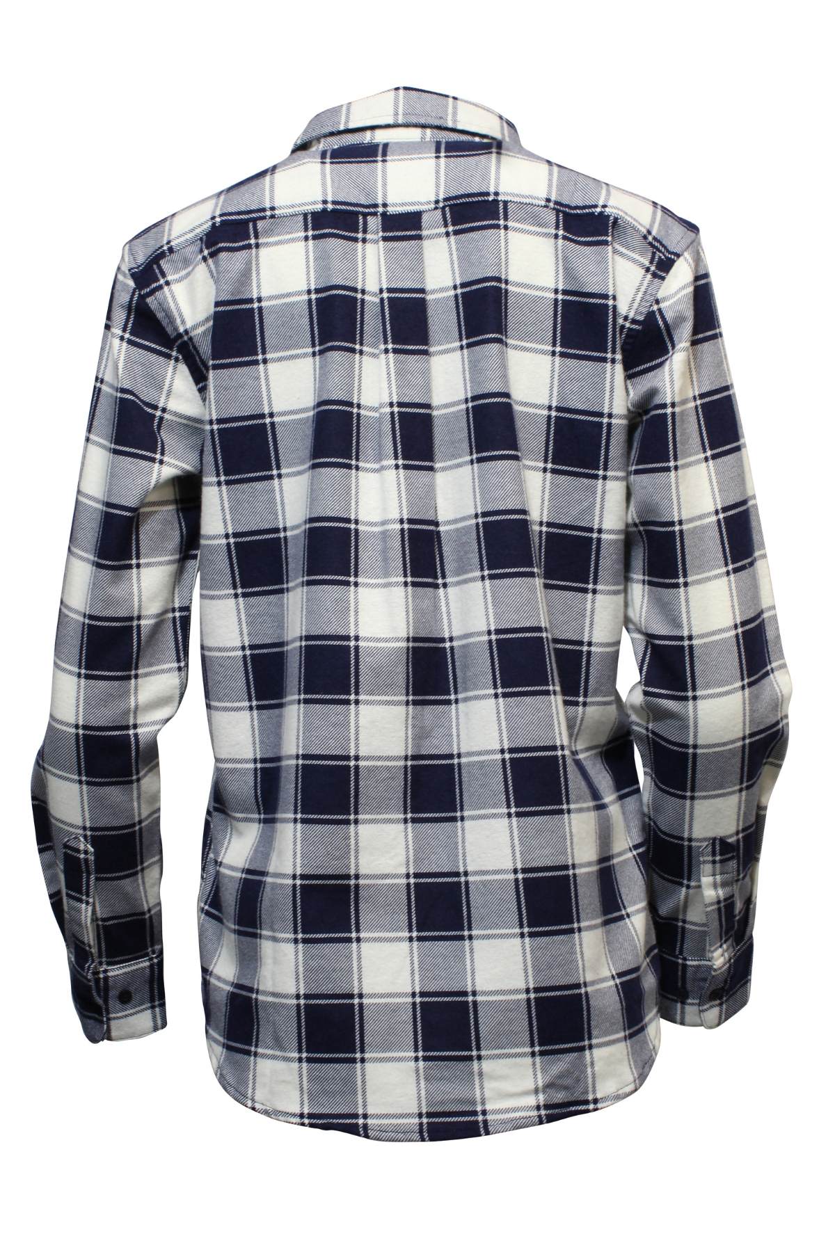 The Milton Ladies Flannelette Shirt features long sleeves, a collar, buttoned cuffs, and a white, navy blue, and gray plaid pattern—shown from the back in classic flannelette style.