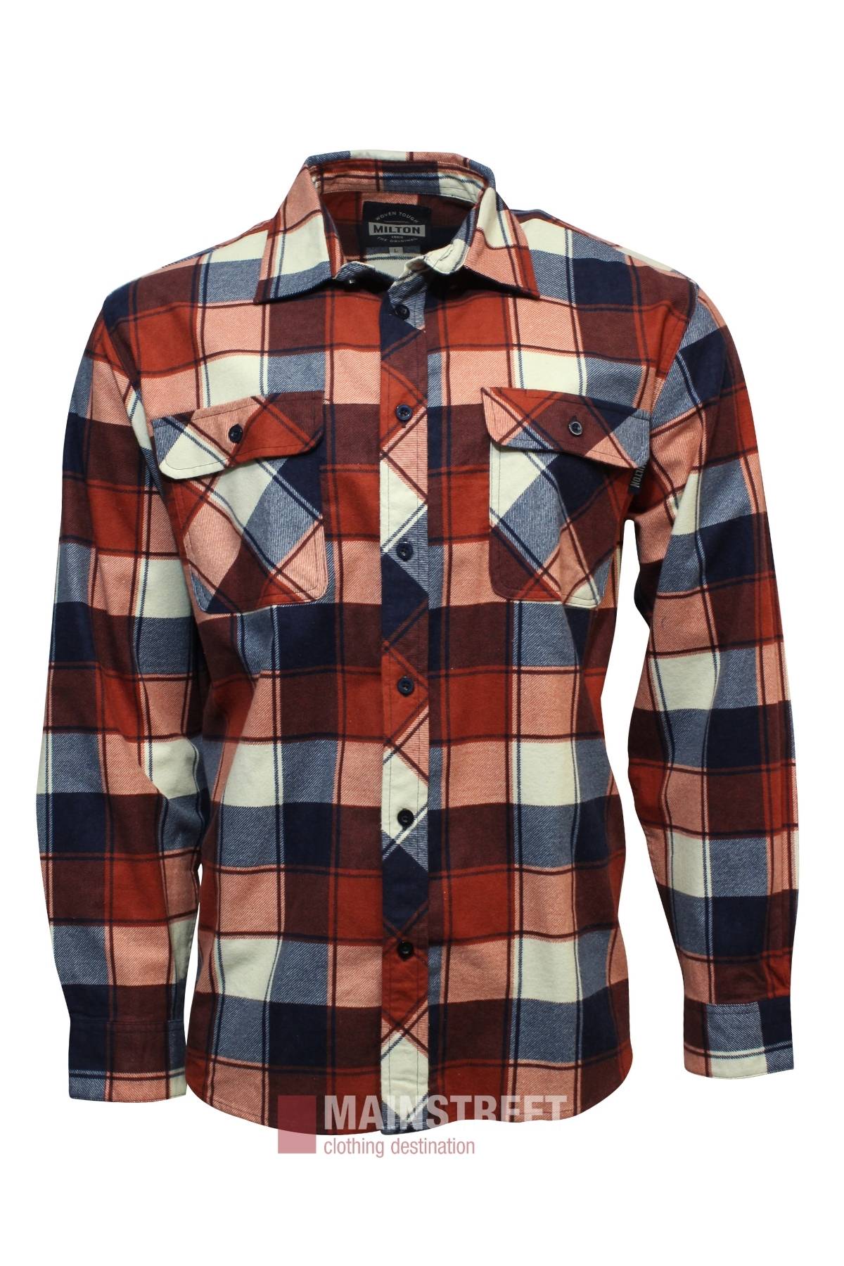 The Milton Open Front Flannelette Shirt features red, navy blue, white, and beige plaid in high-quality cotton with long sleeves and double chest pockets with button flaps.