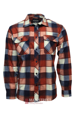 The Milton Open Front Flannelette Shirt features red, navy blue, white, and beige plaid in high-quality cotton with long sleeves and double chest pockets with button flaps.