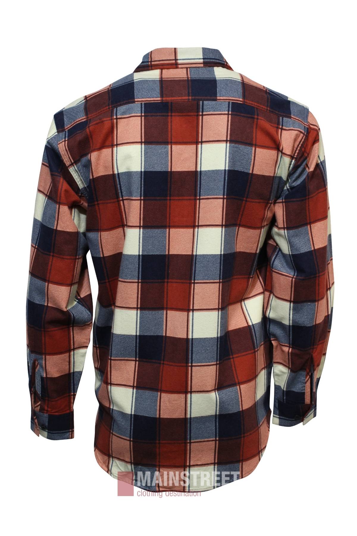 The Milton Open Front Flannelette Shirt features red, navy blue, and cream plaid, shown from the back on a white background. Made from high quality cotton with buttoned cuffs and a collar.