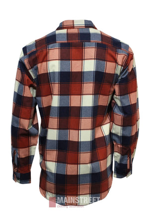 The Milton Open Front Flannelette Shirt features red, navy blue, and cream plaid, shown from the back on a white background. Made from high quality cotton with buttoned cuffs and a collar.