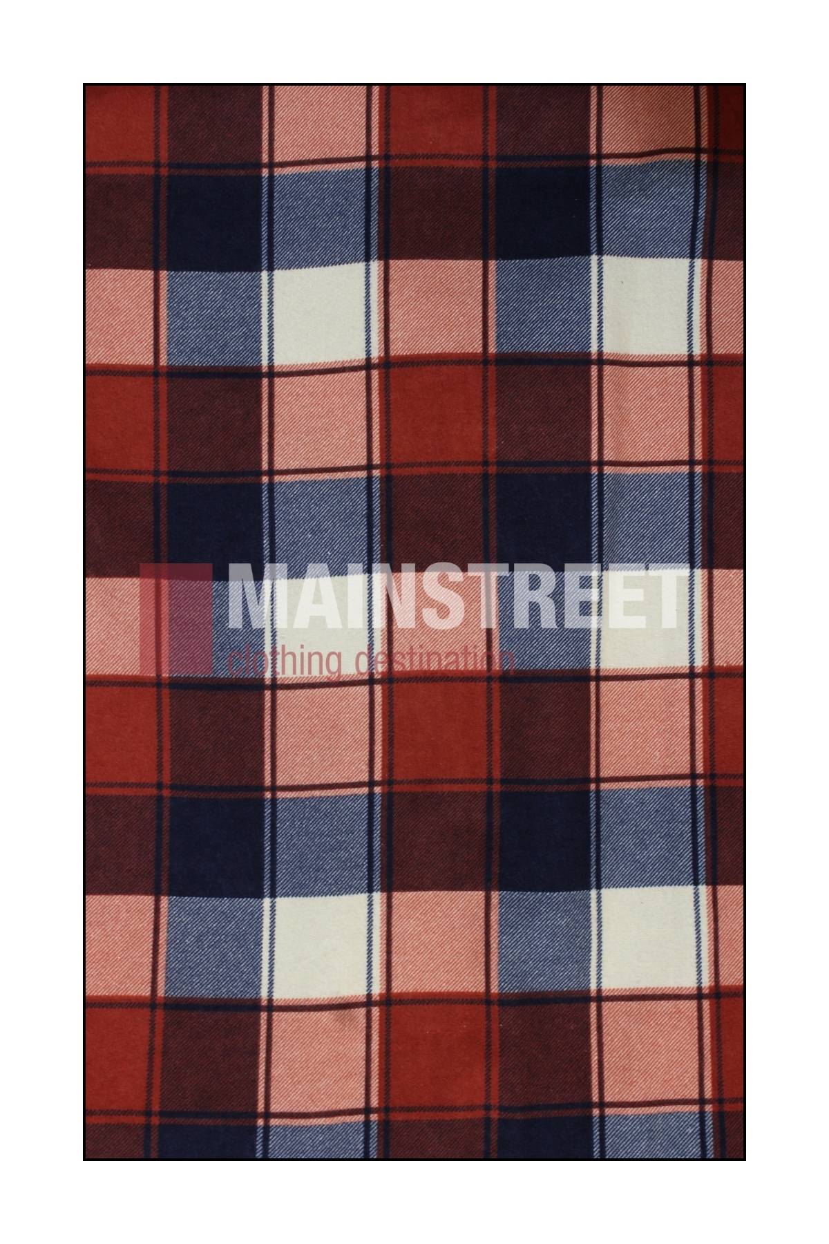 Red, navy blue, and white plaid fabric with a bold checkered pattern; overlaid text reads "MAINSTREET clothing destination." Features the Milton Closed Front Flannelette Shirt made from high quality cotton.