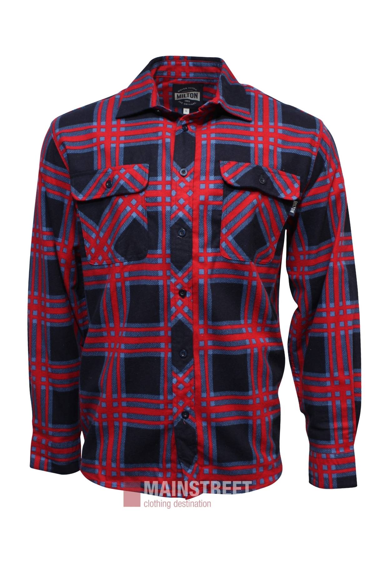 The Milton Open Front Flannelette Shirt is a high-quality cotton long-sleeve with bold red and navy plaid, double chest flap pockets with buttons, and a visible collar brand label.