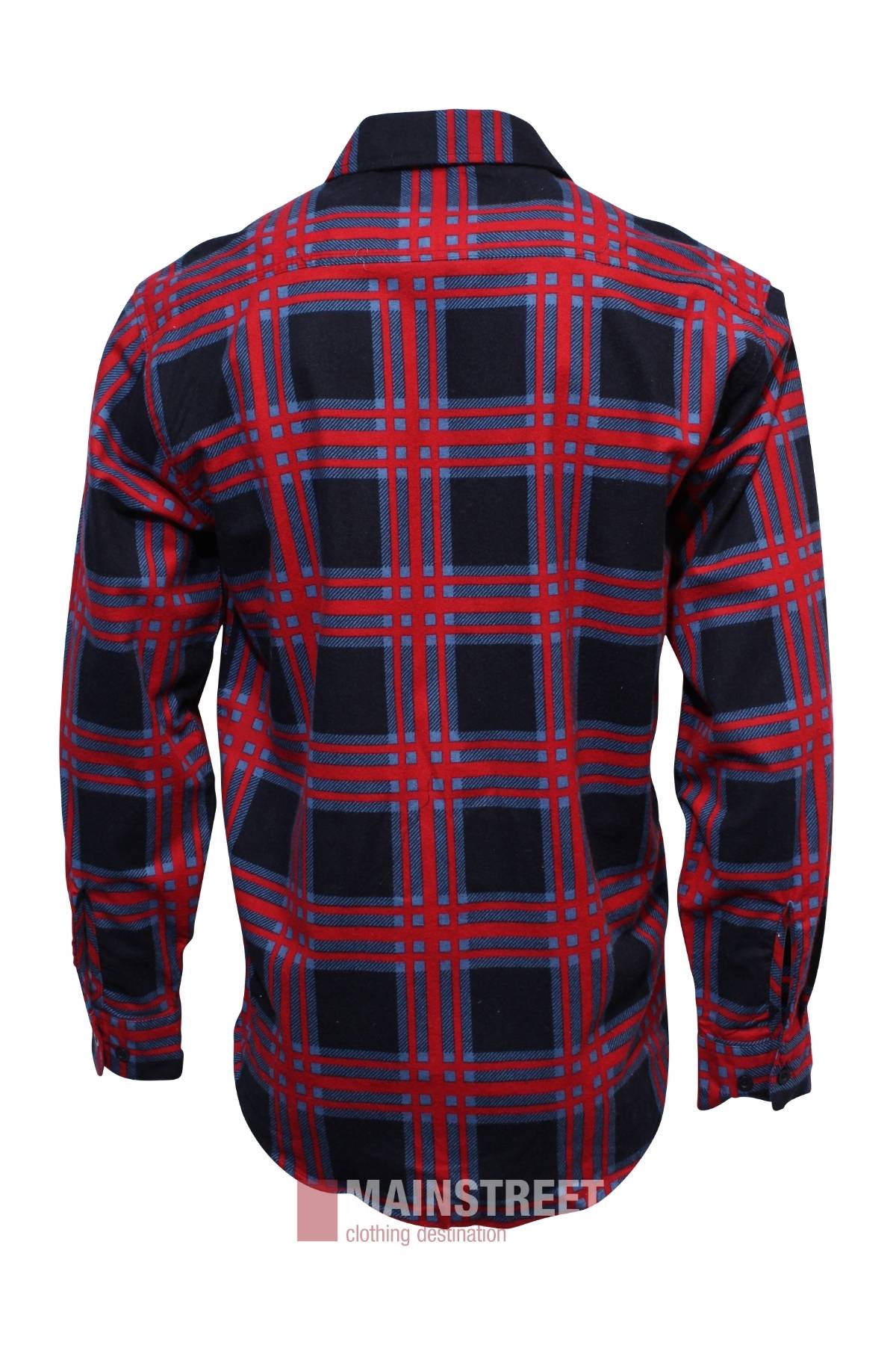 The Milton Open Front Flannelette Shirt is a high quality cotton, long-sleeve button-up with a red and blue plaid pattern. "MAINSTREET" branding appears at the bottom. Shown from the back against a white background.