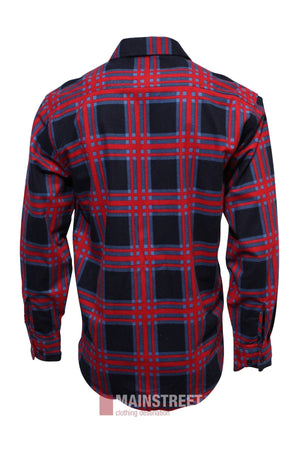The Milton Open Front Flannelette Shirt is a high quality cotton, long-sleeve button-up with a red and blue plaid pattern. "MAINSTREET" branding appears at the bottom. Shown from the back against a white background.