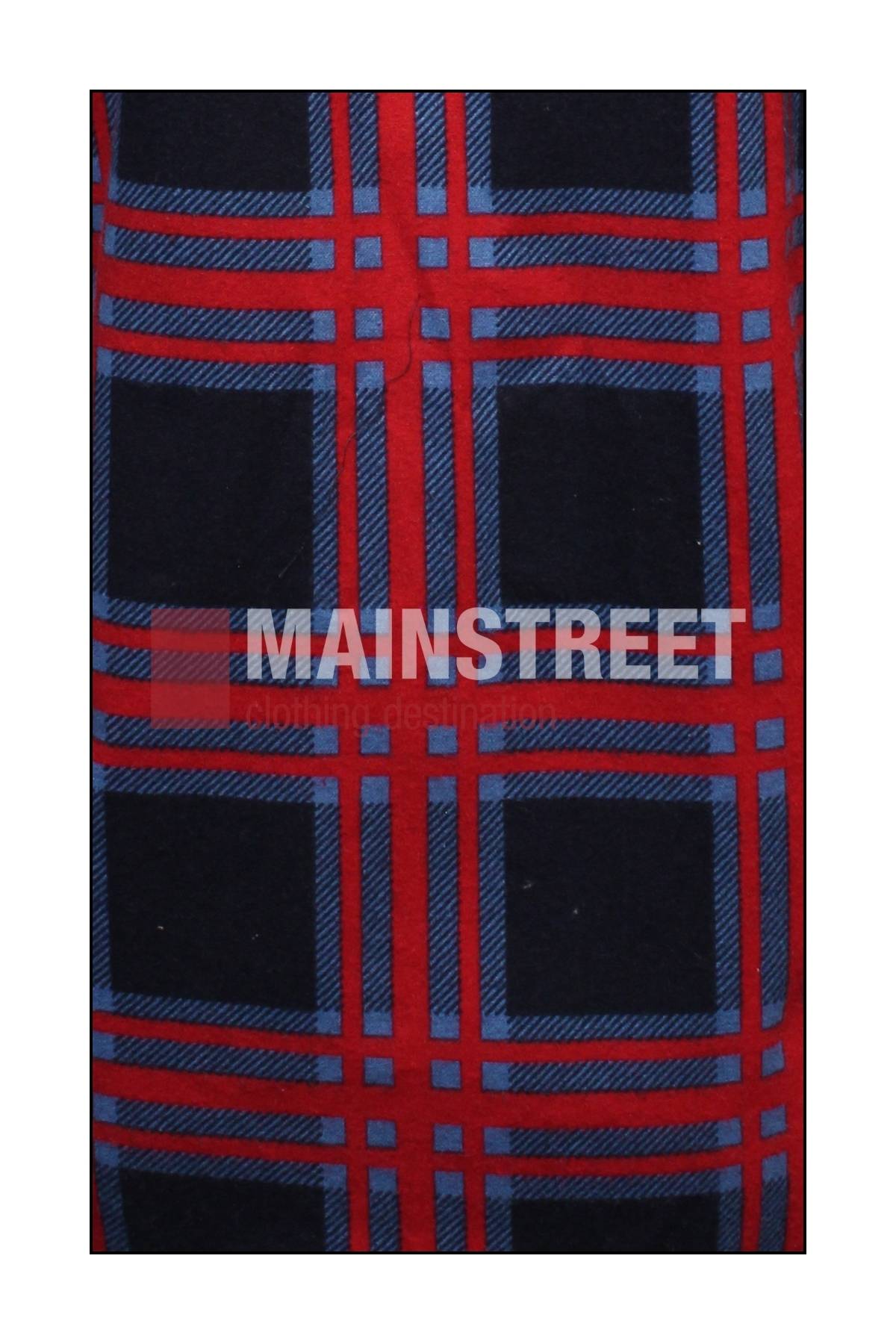 The Milton Open Front Flannelette Shirt features a red and blue plaid pattern with intersecting lines on a dark background. Made from high quality cotton, it displays "MAINSTREET" in large white letters across the center.